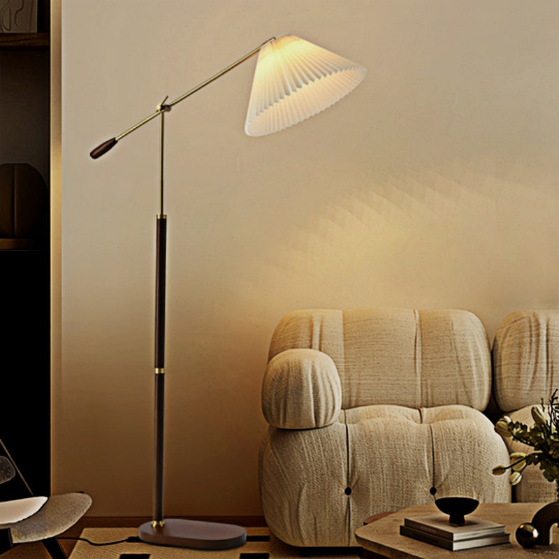 プリーツシェード フロアライト 北欧モダン スタンドライト 角度調整可能 LED対応 木目真鍮調 間接照明 リビング 寝室用 インテリアライト