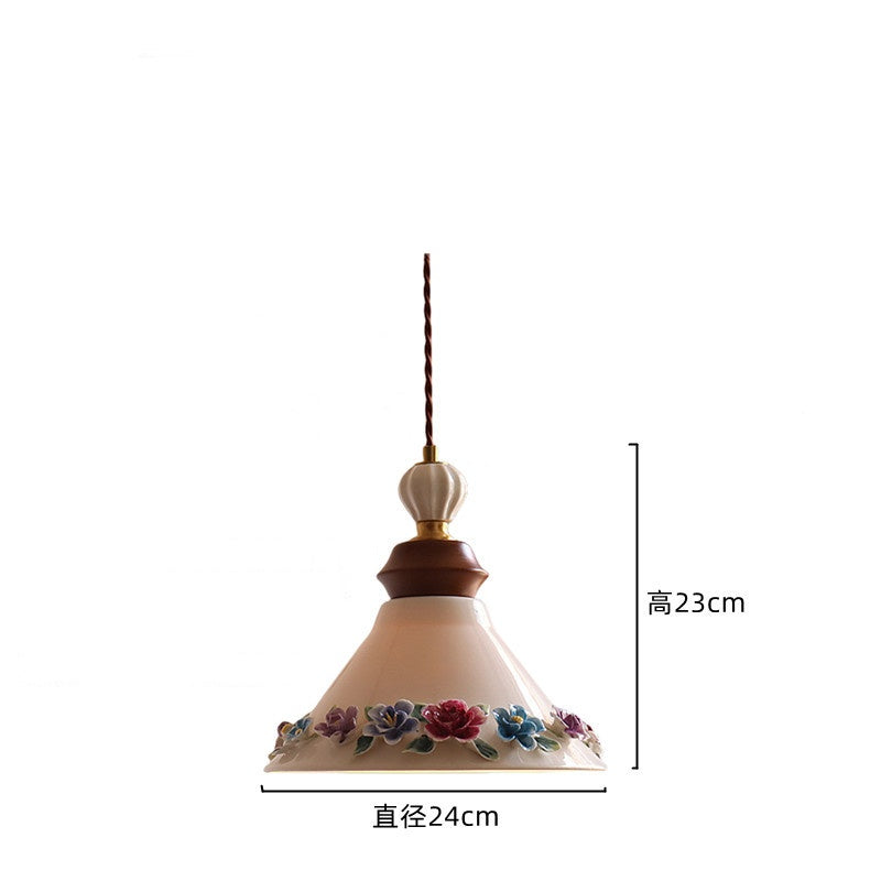 ペンダントライト 陶器シェード 花柄 フラワー 立体花 E26 木製 陶器ソケット 吊り下げ照明 おしゃれ 北欧 レトロ アンティーク 可愛い ダイニング キッチン 玄関 寝室