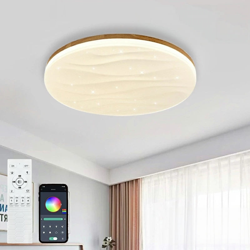 おしゃれ シーリングライト LED ウェーブデザイン 星型ライト 木目調 丸型 薄型 天井照明 ナチュラル 北欧風 間接照明 寝室 リビング