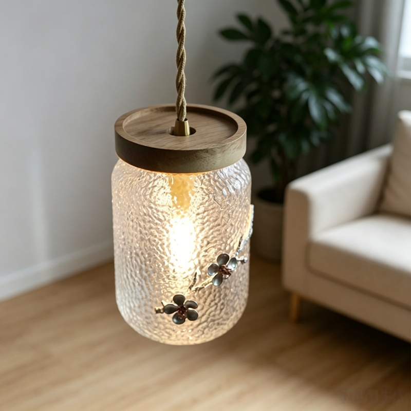 ペンダントライト 北欧 ガラス 木製 花柄 1灯 G9 LED対応 ナチュラル ダイニング