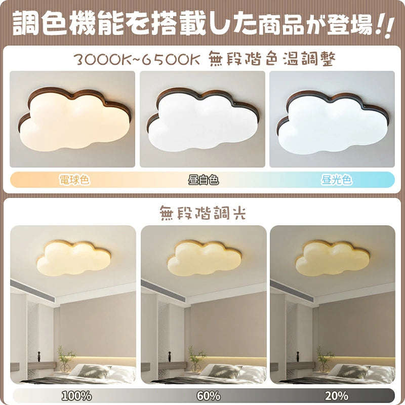 シーリングライト おしゃれ LED 北欧 雲型 6畳 8畳 10畳 調光調色 リモコン付き 薄型 木目フレーム ナチュラル 可愛い 天井照明 リビング 寝室 子供部屋