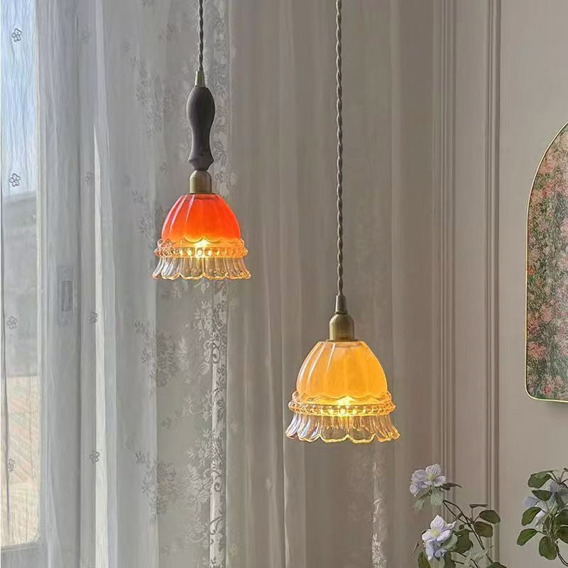ペンダントライト フリルガラス 1灯 北欧 木製 LED対応 おしゃれ 花びら レトロ 天井照明 ダイニング キッチン 寝室 玄関 ダクトレール対応 引掛シーリング対応