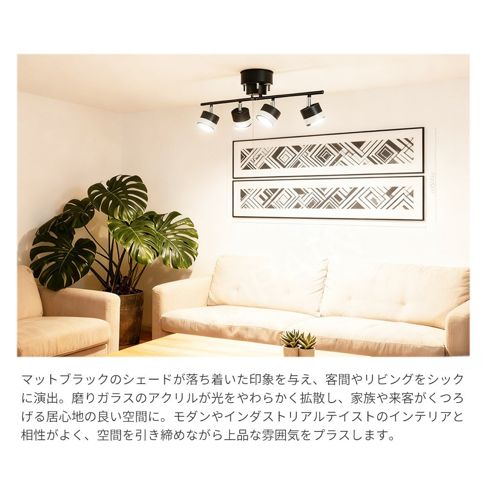 シーリングライト 4灯 昼光色 6500K LED電球 LED内蔵スポットライト 6畳 8畳 ブラック ホワイト