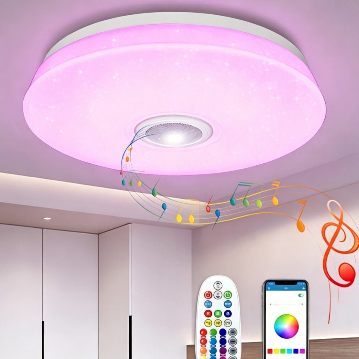スピーカー搭載 LED シーリングライト 6 畳対応 Bluetooth 接続 調光調色 震感センサ・リモコン付き