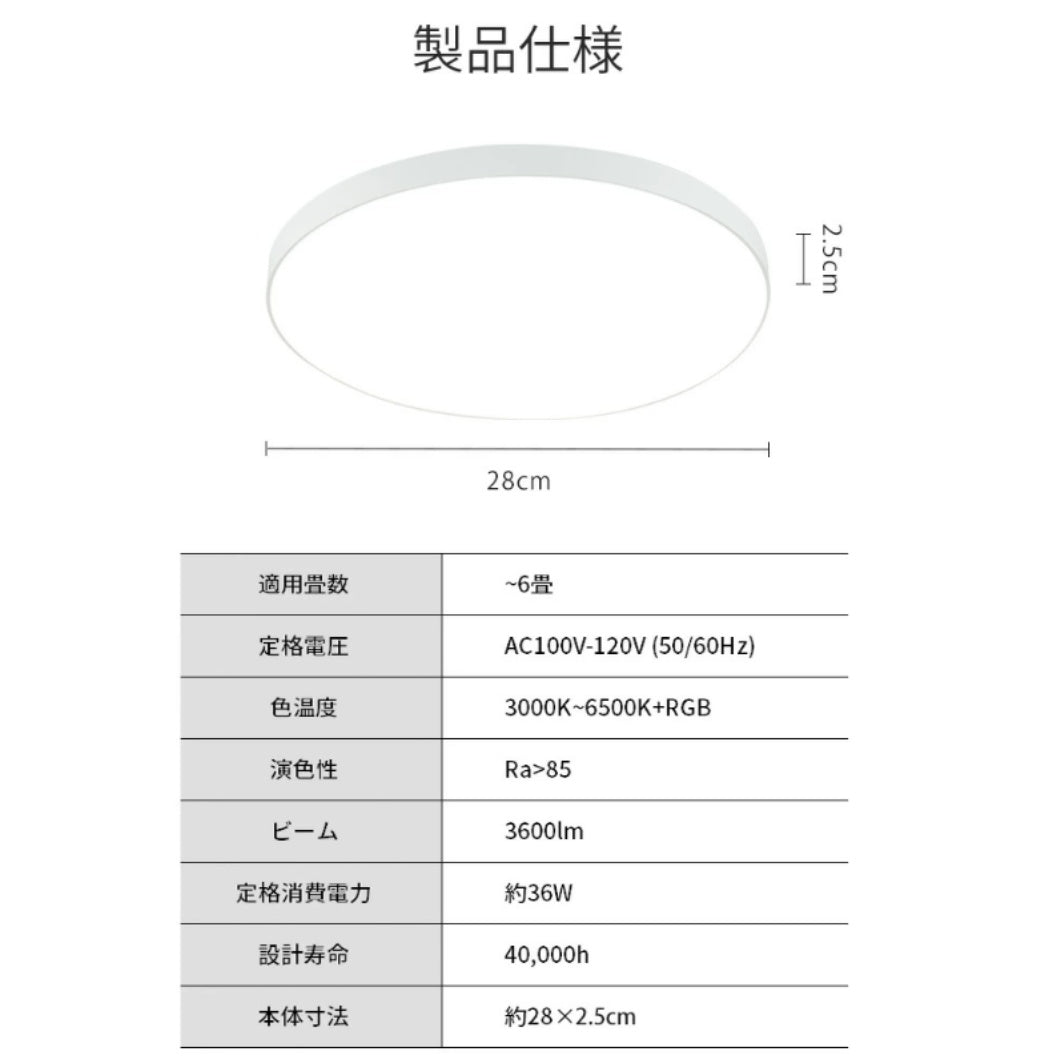 薄型北欧 LED シーリングライト 無極調光 RGB バックライト リモコン・アプリ操作 6 畳