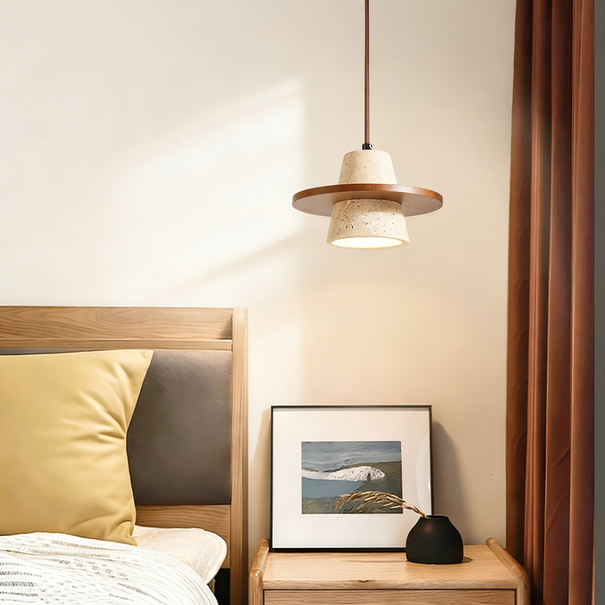 ペンダントライト 北欧 天然石 木 筒型 E26 led シンプル 天井照明 ダイニング 玄関 リビング 階段 書斎 インテリア照明 ベージュ系 ナチュラル ウォールナット色 引掛けシーリング用 ダクトレールプラグ　