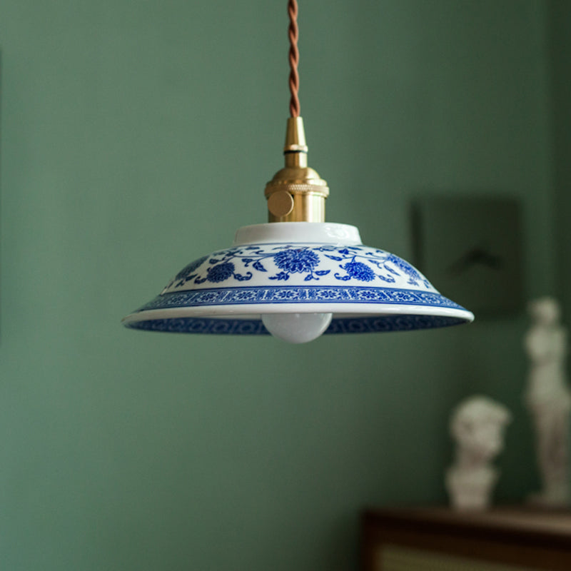 ペンダントライト 北欧 陶器 真鍮 1灯 E26口金 LED レトロ デザイン 天井照明 ダイニング リビング 寝室 キッチン上品 瓷器 釉 花 茶碗型 和風 青花 陶磁