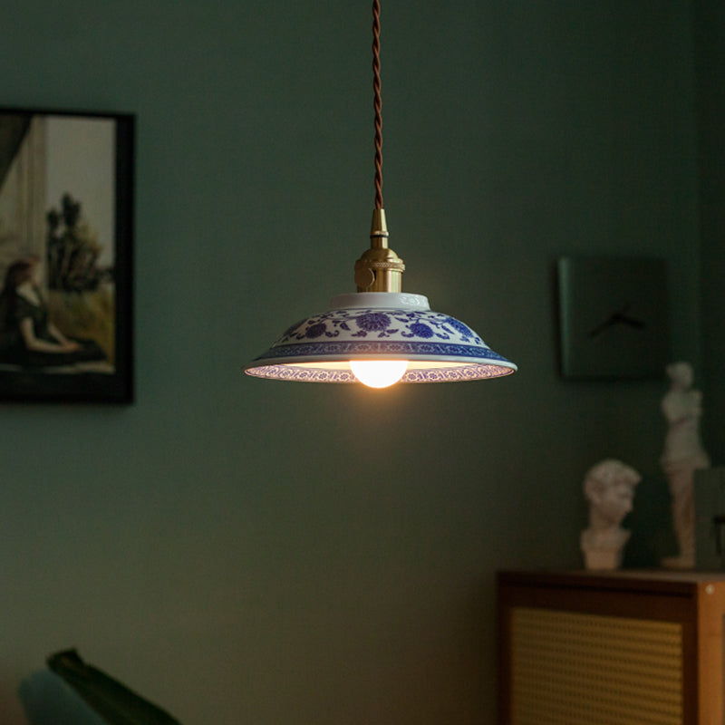 ペンダントライト 北欧 陶器 真鍮 1灯 E26口金 LED レトロ デザイン 天井照明 ダイニング リビング 寝室 キッチン上品 瓷器 釉 花 茶碗型 和風 青花 陶磁