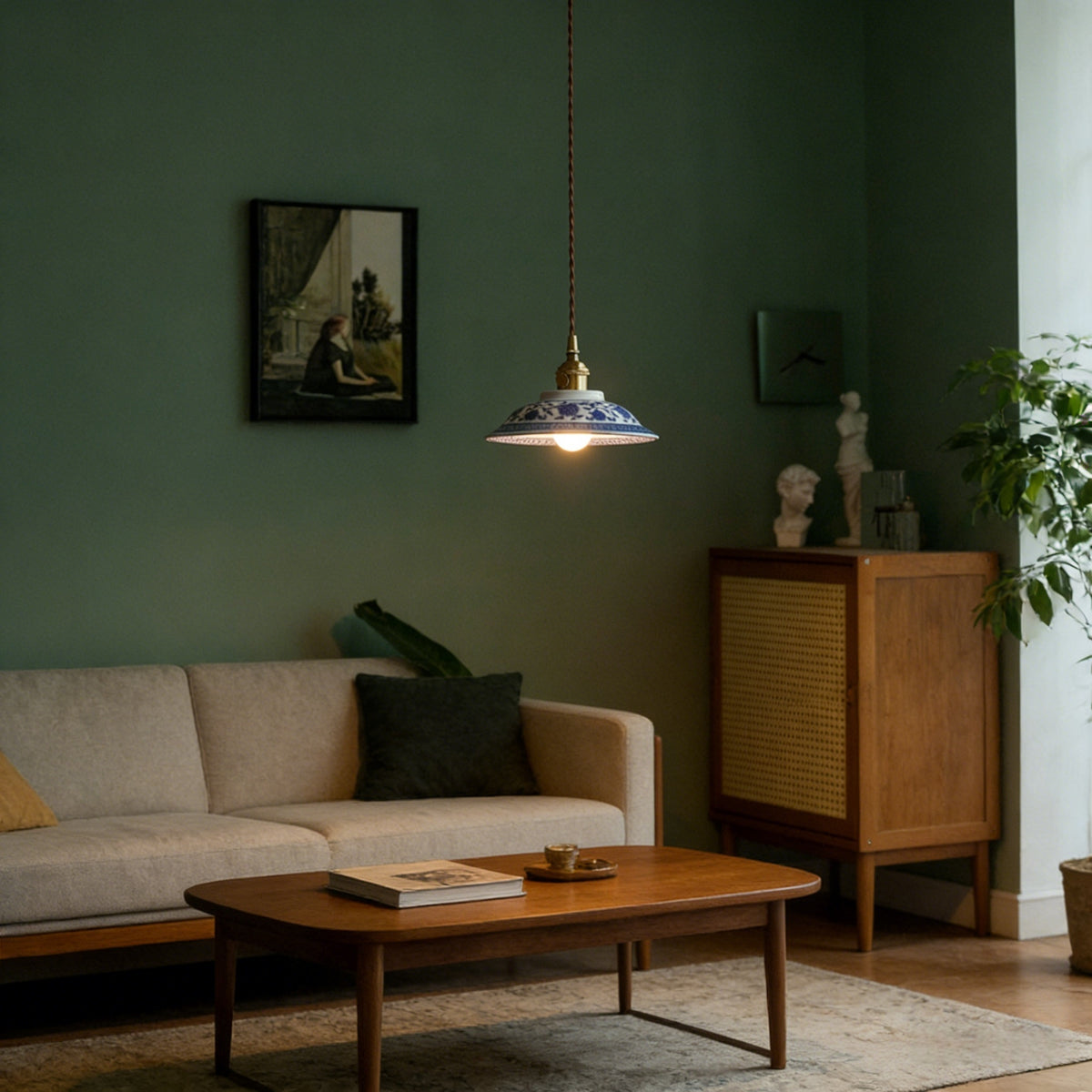 ペンダントライト 北欧 陶器 真鍮 1灯 E26口金 LED レトロ デザイン 天井照明 ダイニング リビング 寝室 キッチン上品 瓷器 釉 花 茶碗型 和風 青花 陶磁