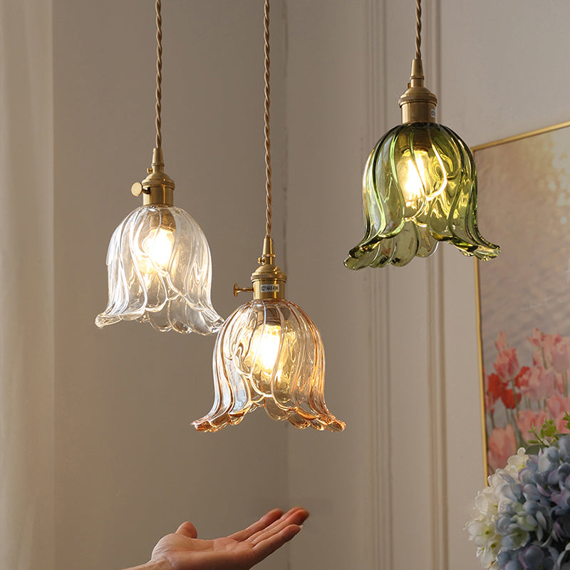 ペンダントライト 吊下げ灯 花びら 北欧 ガラス 木 1灯 E26 LED対応 モダン レトロ デザイン 天井照明 ダイニング 玄関 リビング トイレ 寝室 キッチン 食卓 可愛い 階段 グリーン クリア アンバー