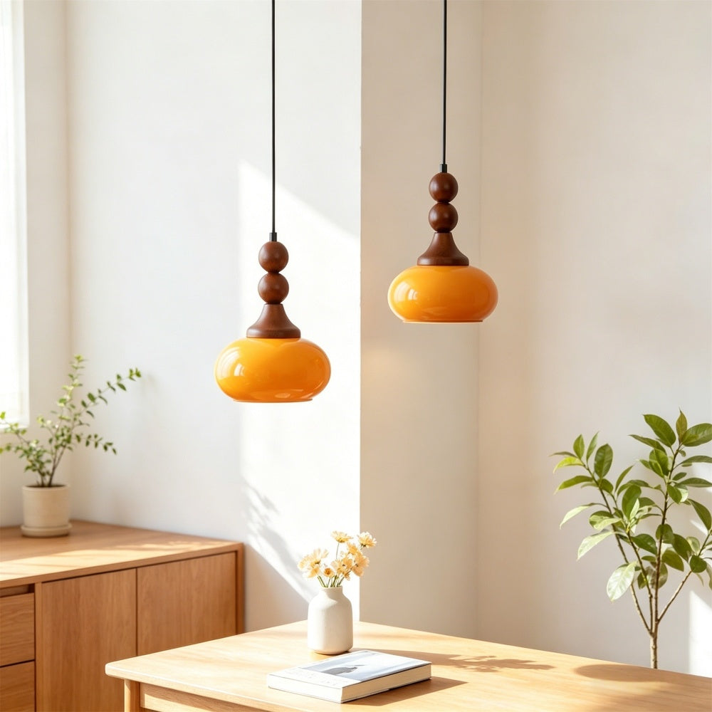ペンダントライト ガラス 北欧 レトロ 1灯 E26 木製 ダイニング照明 和モダン LED対応 引掛けシーリング ダクトレール対応 おしゃれ オレンジ　クリーム