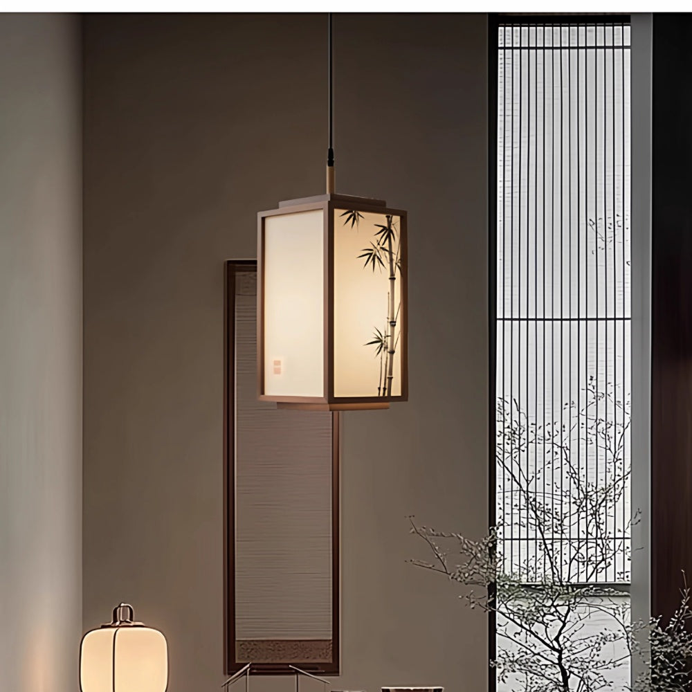 ペンダントライト 和風 和モダン 行灯風 木製 四角 ファブリック 布シェード 竹柄 おしゃれ レトロ アンティーク 天井照明 吊り下げ照明 E26 和室 寝室 リビング ダイニング 玄関 茶室 旅館 民泊 ホテル 引掛けシーリング ダクトレール対応