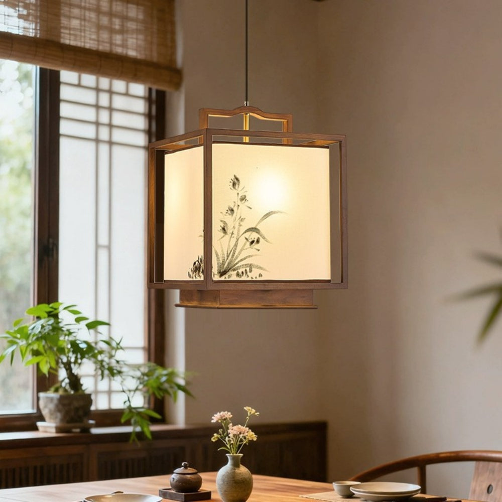 ペンダントライト 和風 和モダン 行灯風 木製 四角 ファブリック 布シェード 竹柄 おしゃれ レトロ アンティーク 天井照明 吊り下げ照明 E26 和室 寝室 リビング ダイニング 玄関 茶室 旅館 民泊 ホテル 引掛けシーリング ダクトレール対応